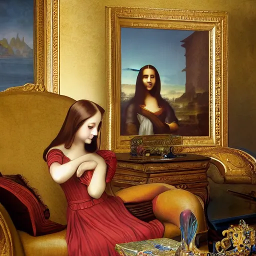 Image similar to Monalisa is sitting on her living room couch. She is dressed casually and is watching TV, Regal, Realistic, Refined, Detailed Digital Art, Josephine wall, Oil Painting, William-Adolphe Bouguereau, Art Frahm, Esao Andrews, Steampunk, Walt Disney (1937), Highly Detailed, Cinematic Lighting, Unreal Engine, 8k, HD