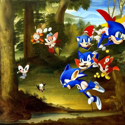 Image similar to renaissance painting sonic the hedgehog going fast through forest with excited birds flying behind, realistic, oil paint, green forest