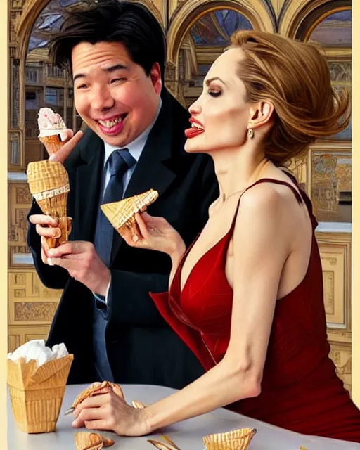 Prompt: Portrait of Michael Mcintyre & blonde Angelina Jolie eating ice creams in Porto,real life skin, intricate, elegant, highly detailed, artstation, concept art, smooth, sharp focus, art by artgerm and greg rutkowski and alphonse mucha