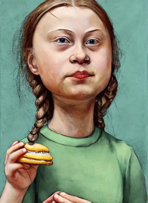 Image similar to greta thunberg eating cakes painted by otto dix, detailed digital art, trending on Artstation