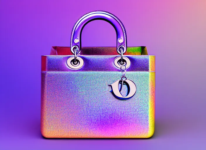 Prompt: futuristic iridiscent bag, fashion design by dior, xf iq 4, 1 5 0 mp, 5 0 mm, iso 2 0 0, 1 / 1 6 0 s, natural light, octane render, adobe lightroom, rule of thirds, symmetrical balance, depth layering, polarizing filter, sense of depth, ai enhanced