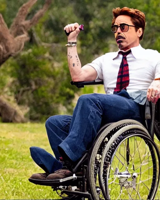 Prompt: robert downey jr. starring in weekend at bernie's. movie poster. comedic. cinematic lighting. robert downey jr. in a wheelchair.