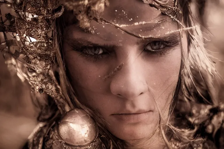 Image similar to close - up photo of a beautiful warrior princess in a battle scene, detailed eyes, shallow depth of field, photorealistic, cinematic lighting, lovely bokeh, warm colours, dusk