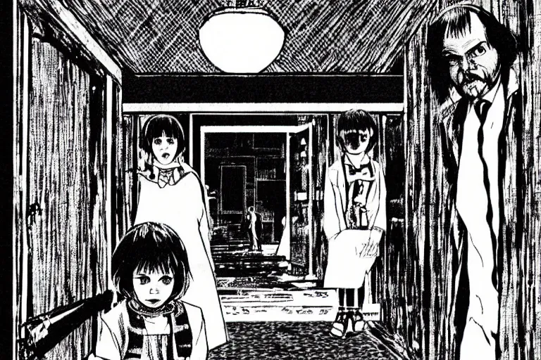 Image similar to a haruki suetsugu illustration of a scene from the shining ( 1 9 8 0 )