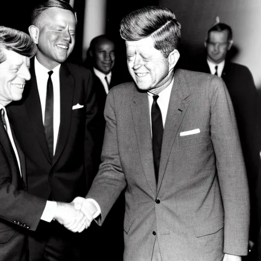 Image similar to a black and white photo of president kennedy shaking hands with a space alien