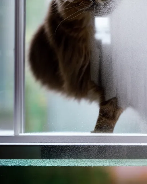 Prompt: a cat grooming itself behind frosted glass