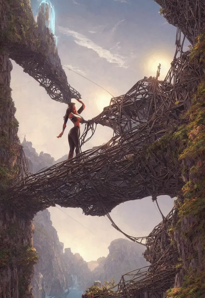 Image similar to comic book cover of android on a old rope bridge looking up at crystal temple, highly detailed, professional digital painting, Unreal Engine 5, illustration, HD quality, 8k resolution, cinema 4d, 3D, cinematic, professional photography, art by artgerm and greg rutkowski and alphonse mucha and loish and WLOP