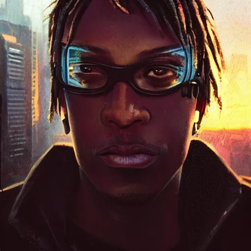 Image similar to cyberpunk, closeup portrait of a juice wrld, dramatic light, city background, sunset, dystopian setting, high contrast, sharp, neuromancer, henry dorsett case, painted by stanley lau, painted by greg rutkowski, painted by stanley artgerm, digital art, trending on artstation