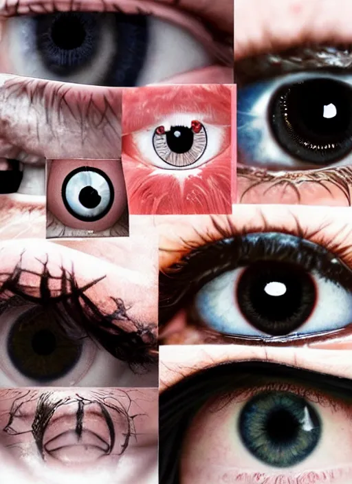 Image similar to human eyes!, black centered pupil, circle iris detailed structure, happy smiling human eyes, eyelashes, tired closed eyes, art styles mix, from wikipedia, eye relections, hd macro photographs, grid montage of shapes