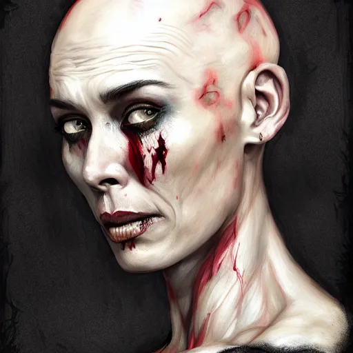 Image similar to color head portrait of bald lena headey as a zombie, 7 days to die zombie, gritty background, fine art, award winning, intricate, elegant, sharp focus, cinematic lighting, digital painting, 8 k concept art, art by michael hussar, art by brom, art by guweiz and z. w. gu, 8 k