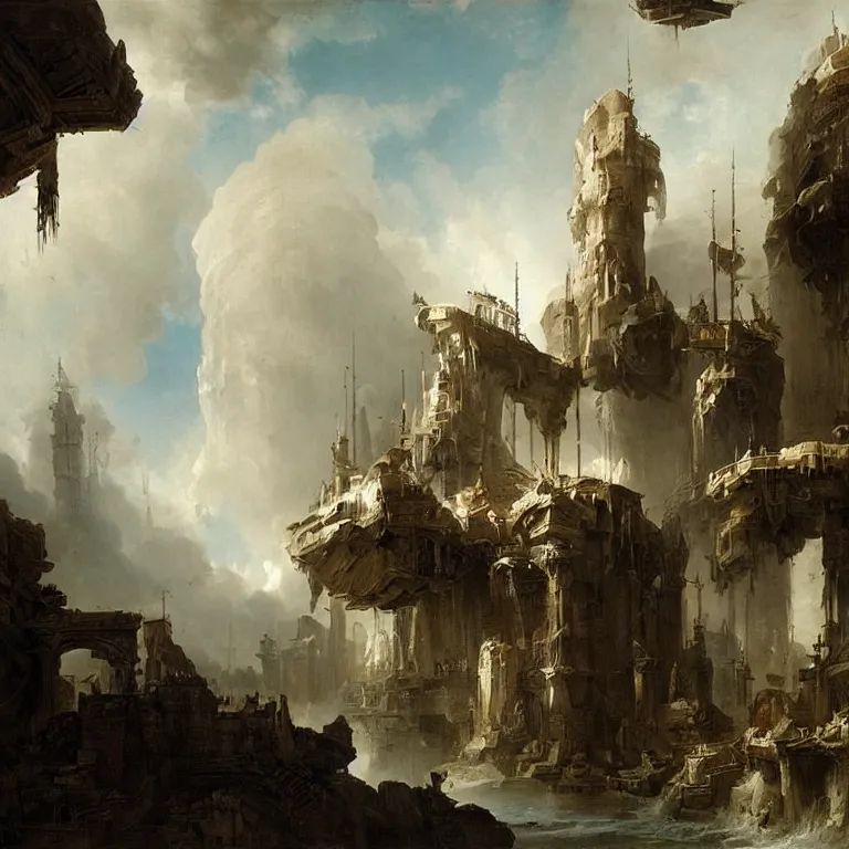 Prompt: a sprawling white fantastical city on the edge of a black hole painted by hubert robert