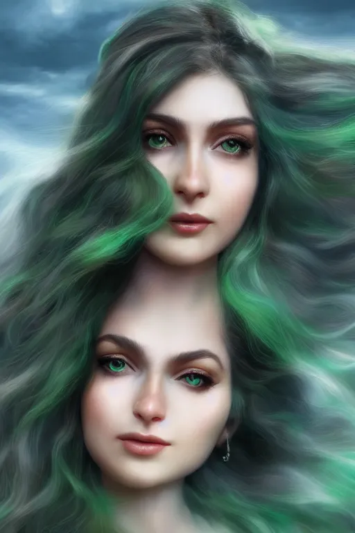 Prompt: realistic portrait of dreamy beautiful persian goddess princess in the clouds, volumetric fog, green eyes, long black hair flying around, smiling, face, highly detailed, artstation, concept art, sharp focus, hyper realistic, octane render, unreal engine, 8 k