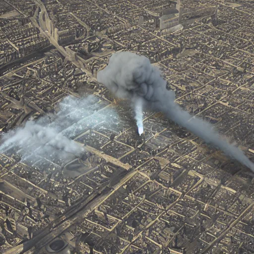 Image similar to bombing raid from aerial view world war 2 fire, london, volumetric lighting, nighttime