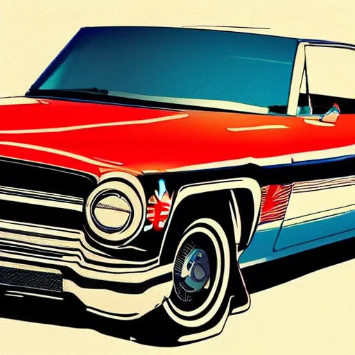 Prompt: a 1967 lowrider that has blue paint with flames on it in the style of GTA V cover art, award winning, award winning shading, hyperdetailed, trending on artstation, masterpiece