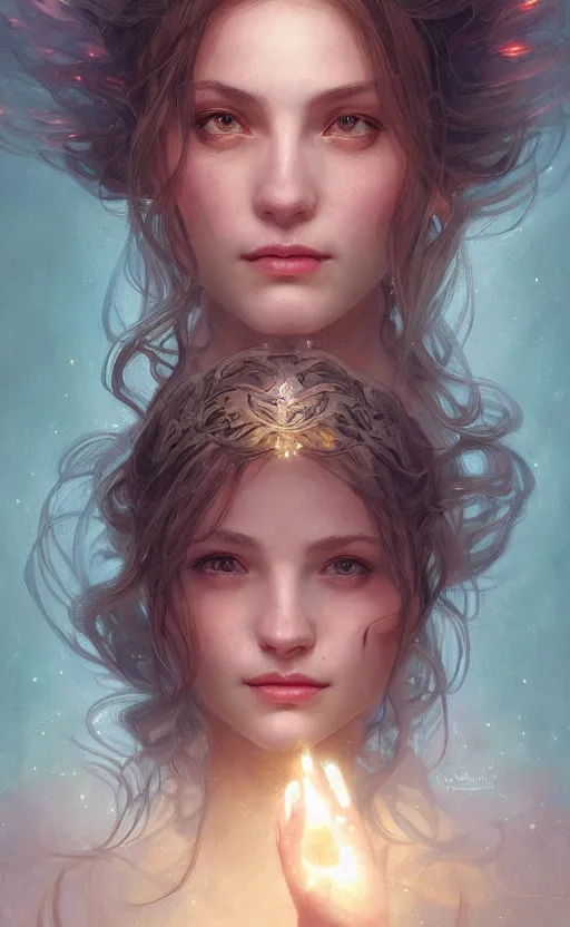 Image similar to portrait of a light witch, kind, loving, elegant, faithful, hopeful, intricate, headshot, highly detailed, digital painting, artstation, concept art, sharp focus, cinematic lighting, illustration, art by artgerm and greg rutkowski, alphonse mucha, cgsociety