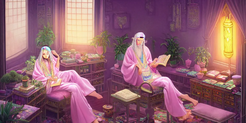 Prompt: a pastel painting of a wizard, ornate robes, lounging on a purpur pillow on the marbled checkered floor in her study room reading an ancient tome. to the side is a potted plant, moody candlelit raytracing. ancient oriental retrofuturistic fantasy setting. 4 k key art. by yoshitaka amano and mark tedin