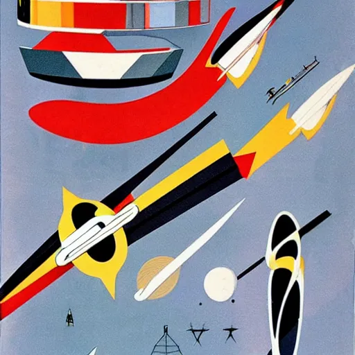 Image similar to an abstract mid - century modern collage of random shapes cut from vintage science and fashion magazines depicting the future of space travel as imagined in 1 9 5 6. nasa.