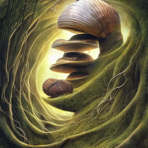 Image similar to beautiful portrait of bamboo living pods shaped like a sea shell embedded on the side of a cliff, the time machine, mechanical birds in flight, panoramic view, art by artgerm, artwork by peter gric and brian froud and esao andrews