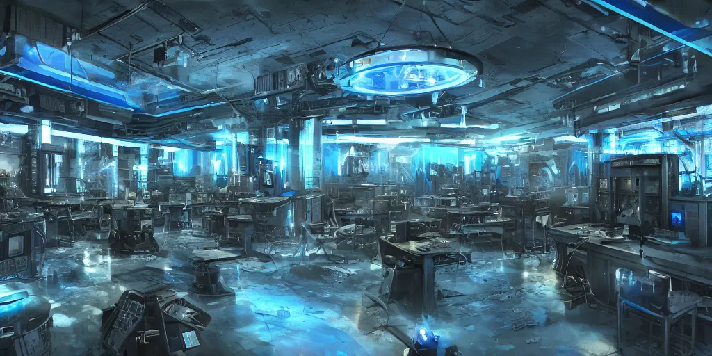 Prompt: A dark gritty hi-tech laboratory with glass and metal test tubes with blue liquid inside, blue lamps on the ceiling, Warhammer 40K, sci-fi, cinematic lightning, 8k render, ultra HD