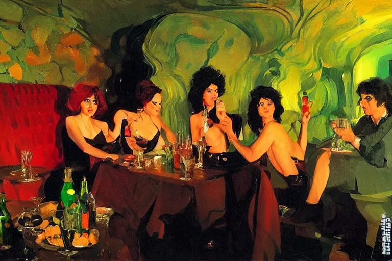 Image similar to glam rockers drinking brutal and raw wine, inside a green cave with red lights by joaquin sorolla, phil hale, extremely detailed, greek style