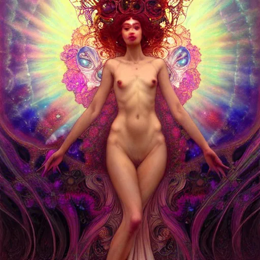 Image similar to An extremely psychedelic crystalline soul fairy, surreal, dramatic lighting, magic mushrooms, psilocybin, LSD, face, detailed, intricate, elegant, lithe, highly detailed, digital painting, artstation, concept art, smooth, sharp focus, illustration, art by Krenz Cushart and Artem Demura and alphonse mucha