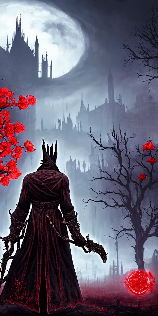 Image similar to abandoned bloodborne old valley with a obscure person at the centre and a ruined gothic city in the background, trees and stars in the background, falling red petals, epic red - orange moonlight, perfect lightning, wallpaper illustration by niko delort and kentaro miura, 4 k, ultra realistic