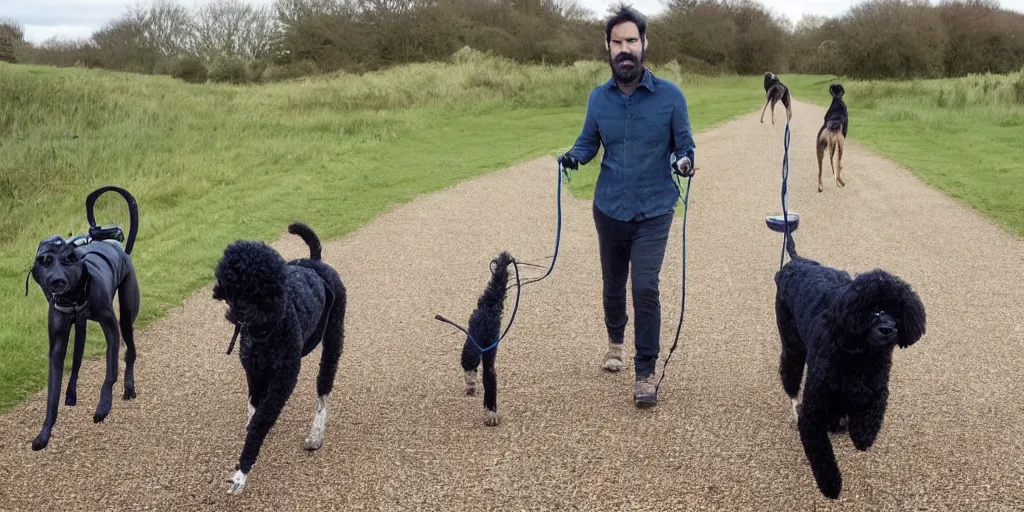 Image similar to adam buxton and his dog rosie recording a podcast while walking, norfolk, black dog, poodle-whippet, photorealistic