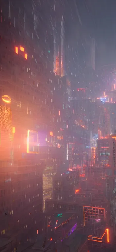 Prompt: unreal engine 5 render of a happy city during the day with lasers coming out of the clouds, digital art ”