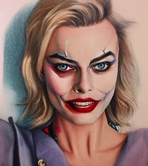 Prompt: margot robbie portrait with joker makeup, pencil drawing, realistic face, beautiful eyes, smiling, hyper realistic, highly detailed