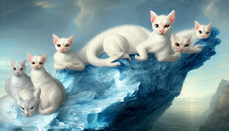 Image similar to highly detailed painting of white cute baby scaled oriental dragon cats on a blue and white iceberg by william turner, by greg rutkowski, by william constable, thick brush strokes and visible paint layers, 4 k resolution