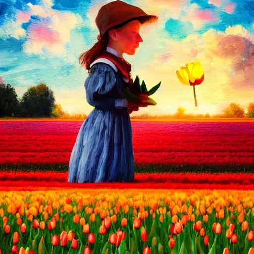 Image similar to dutch girl with singular giant tulip as a head, surreal photography, flower field, sunset dramatic light, impressionist painting, colorful clouds, blue sky, digital painting, artstation, simon stalenhag