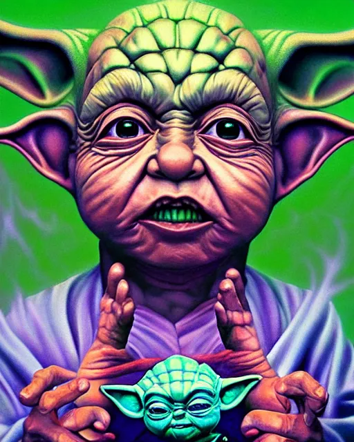 Prompt: portrait ultra dimensional baby yoda tripping on dmt, psychedelic experience, overwhelming self realization and awakening, ultra high definition, unreal engine 5, hyperrealism, masterpiece composition, surrealism by alex grey, salvador dali 8 k photorealistic