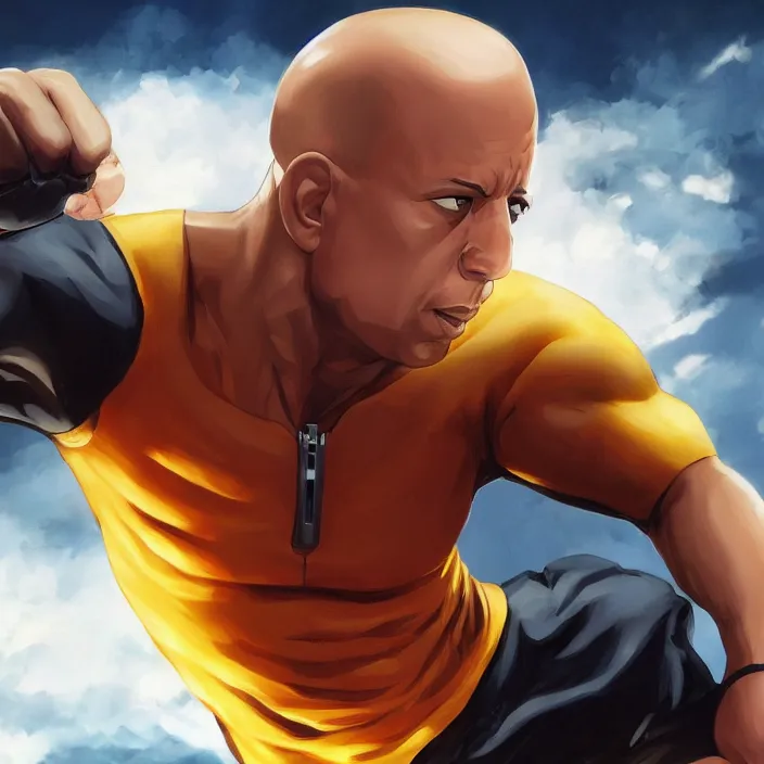 Image similar to landscape, long shot of far, distant vin diesel as saitama! punching!!! a car!!!!!! into space, hyperrealism, trending on artstation