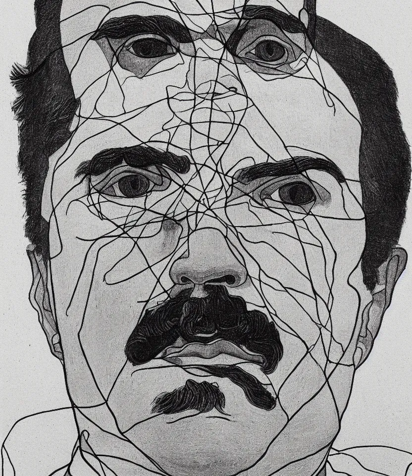 Image similar to detailed line art portrait of german philosopher frierich nietzsche, inspired by egon schiele. contour lines, musicality, twirls and curves, strong personality