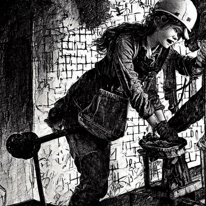 Image similar to extreme close - up on sadie sink as a miner : she lifts stale bread with her hand. background : black tiles on walls. black and white, pencil and ink. by gabriel hardman, joe alves, chris bonura. cinematic atmosphere, detailed and intricate, perfect anatomy