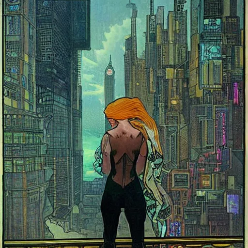 Image similar to “ a girl standing on a ledge looking down at a futuristic new york city below, cyberpunk, ghostpunk, storm clouds, very detailed, by alphonse mucha ”