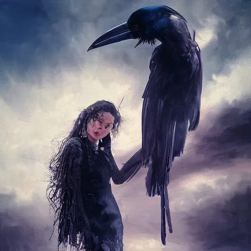 Image similar to morning, raven perching on the shoulder of a woman in a black dress. sun, cinematic, clouds, vogue cover style, contracting colors mood, realistic painting, intricate oil painting, high detail, figurative art, multiple exposure, poster art, 3 d, by simon bisley, ismail inceoglu, wadim kashin, filip hodas.