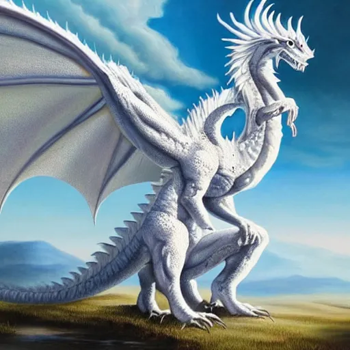 Prompt: a beautiful white dragon on the Altus Plateau, highly detailed painting, painting by Ciruelo, 4k