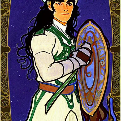 Prompt: painting of handsome beautiful paladin elf! man with long wavy dark hair in his 2 0 s named shadow taehyung at the blueberry party, wearing armor!, elegant, clear, painting, stylized, delicate, soft facial features, art, art by alphonse mucha, vincent van gogh, egon schiele,