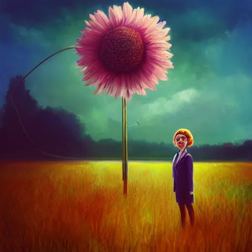 Prompt: huge daisy flower head, frontal, a girl in a suit, surreal photography, sunrise, dramatic light, impressionist painting, digital painting, artstation, simon stalenhag