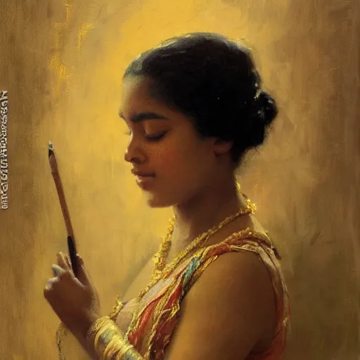 Image similar to detailed portrait of sri lankan girl, girl graceful, eyes closed, painting by gaston bussiere, craig mullins, j. c. leyendecker