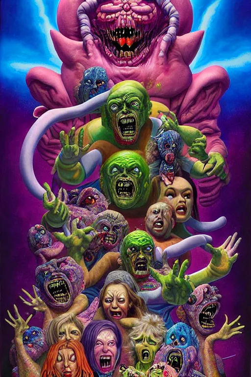 Prompt: a hyperrealistic painting of the epic final boss fight against mega grandma, cinematic horror by chris cunningham, lisa frank, richard corben, highly detailed, vivid color,