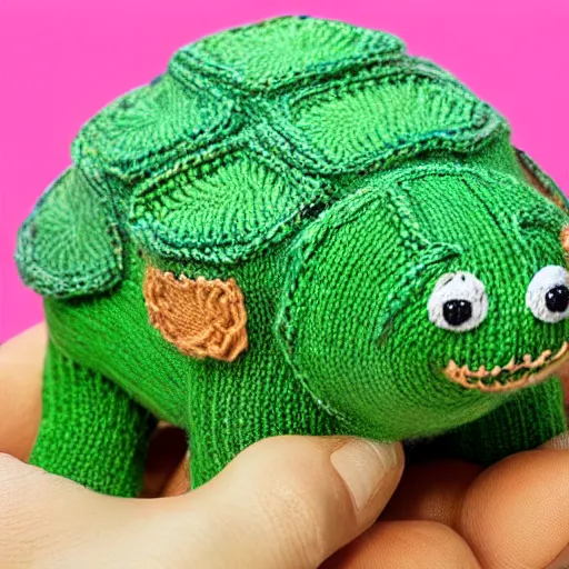 Prompt: a closeup photorealistic smiling knitted cartoonish tortoise.