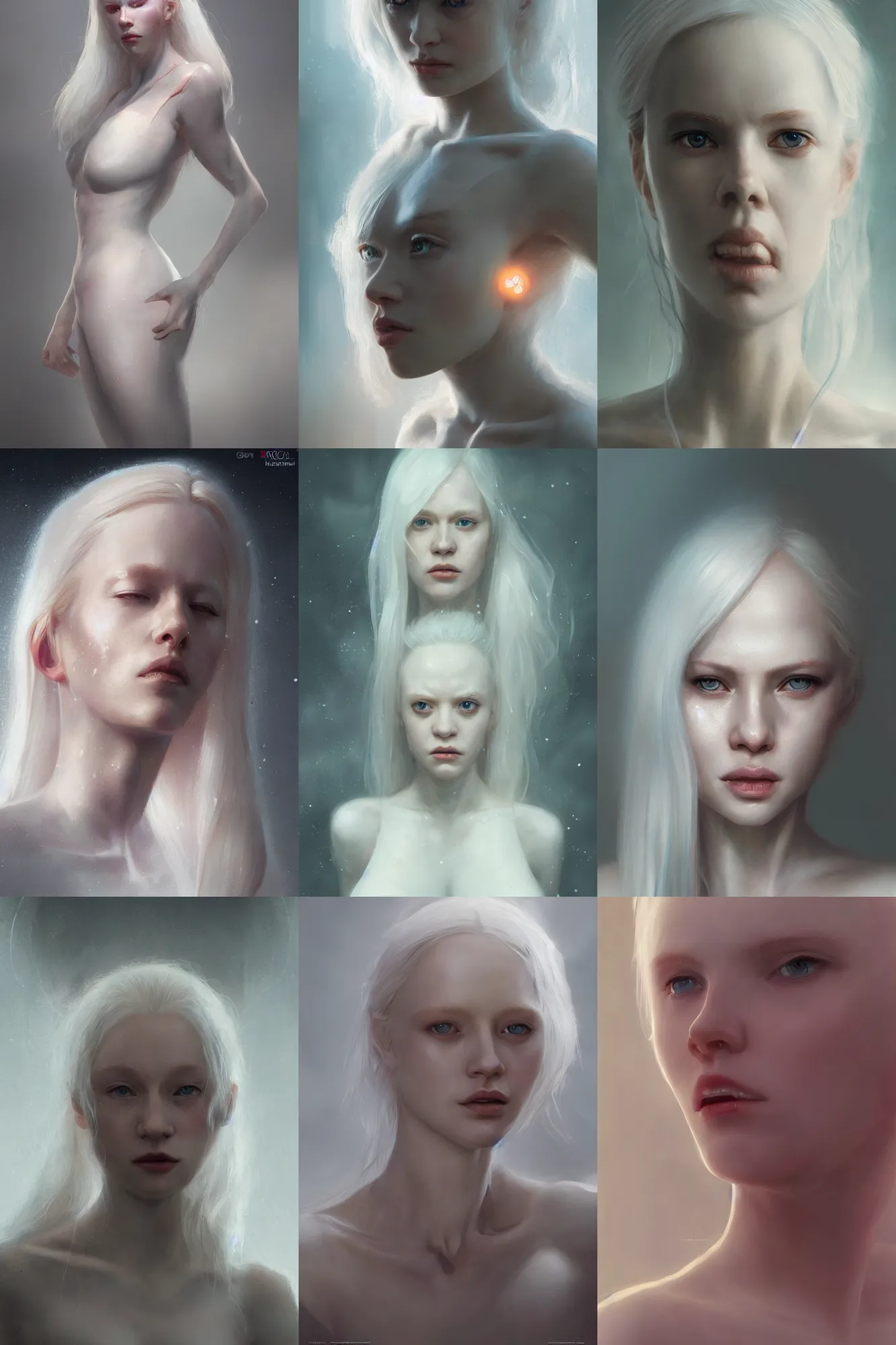 Prompt: A beautiful albino woman with long white, porcelain skin, cinematic lighting, photo realistic, soft bokeh, sci-fi, modern, colourful, highly detailed, digital painting, artstation, concept art, sharp focus, illustration, by greg rutkowski