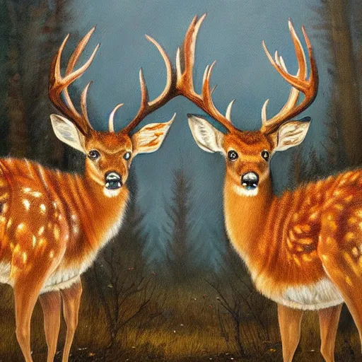 Prompt: a painting of deer in tiger skin and normal deer facing each other, their heads bowed towards ground by esao andrews