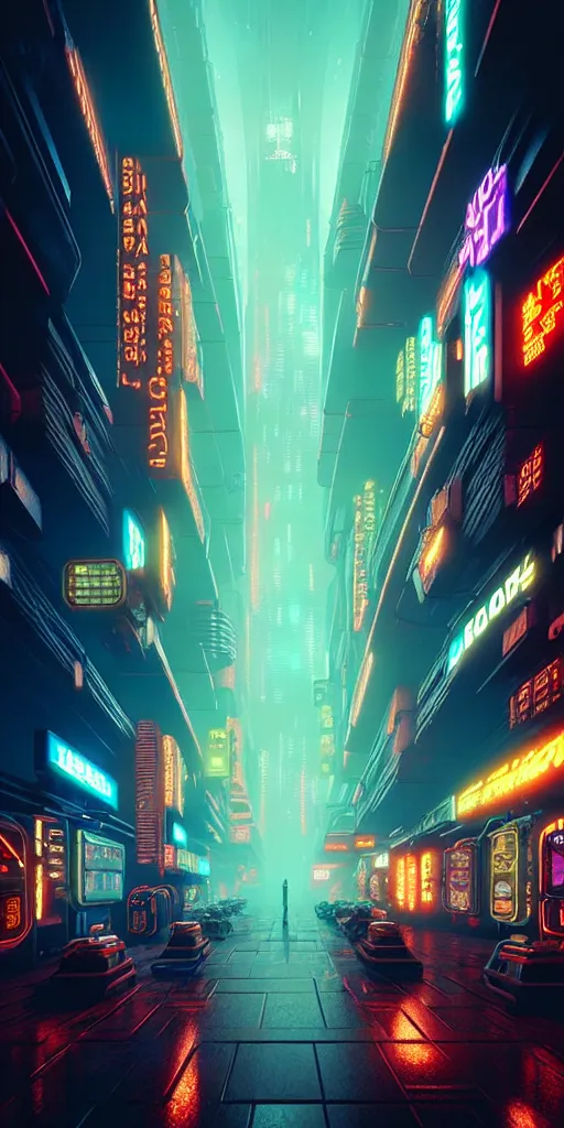 Image similar to epic cyberpunk arcade city : : blade runner, james guilleard, beeple, laurie greasley, dan mcpharlin : : ornate, dynamic, particulate, rich colors, intricate, elegant, highly detailed, centered, artstation, smooth, sharp focus, octane render, 3 d