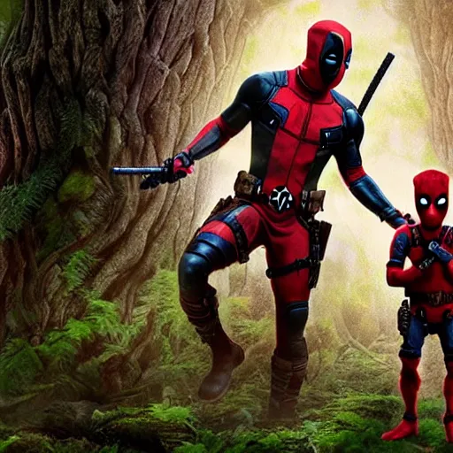 Image similar to deadpool and groot in the woods playing digital art 4 k detailed