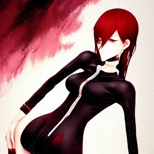 Image similar to beautiful seductive female dullahan, in the rain, highly detailed, painting, dark red and black color palette, intricate, high quality anime artstyle, in the style of ilya kuvshinov