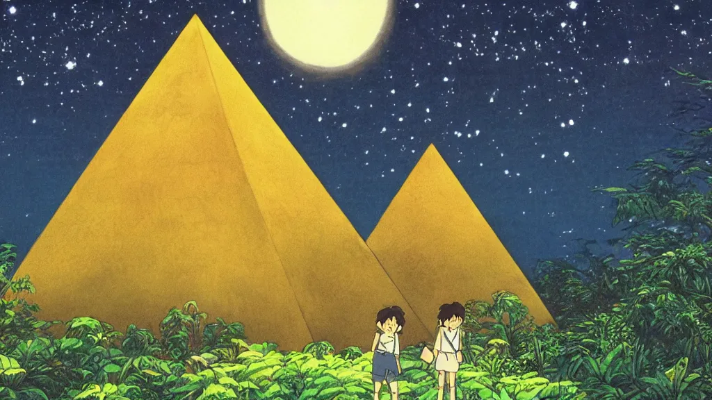 Image similar to a movie still from a studio ghibli film showing a huge glowing pyramid in the rainforest with a floating gold capstone on a misty and starry night. by studio ghibli