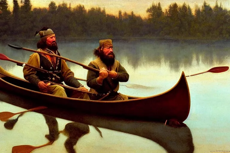 Image similar to fur trader in a canoe, 1 8 5 0. illustrated by n. c. wyeth. oil painting, highly detailed, centered, digital painting, artstation, romantic, concept art, smooth, sharp focus, illustration, artgerm, tomasz alen kopera, frans hals, drew struzan